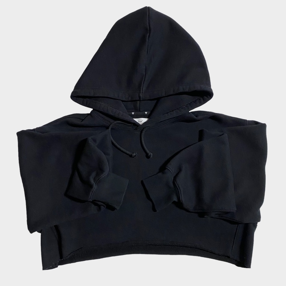Aritzia TNA Cozy Fleece Boyfriend Cropped Hoodie Sweatshirt Black 2